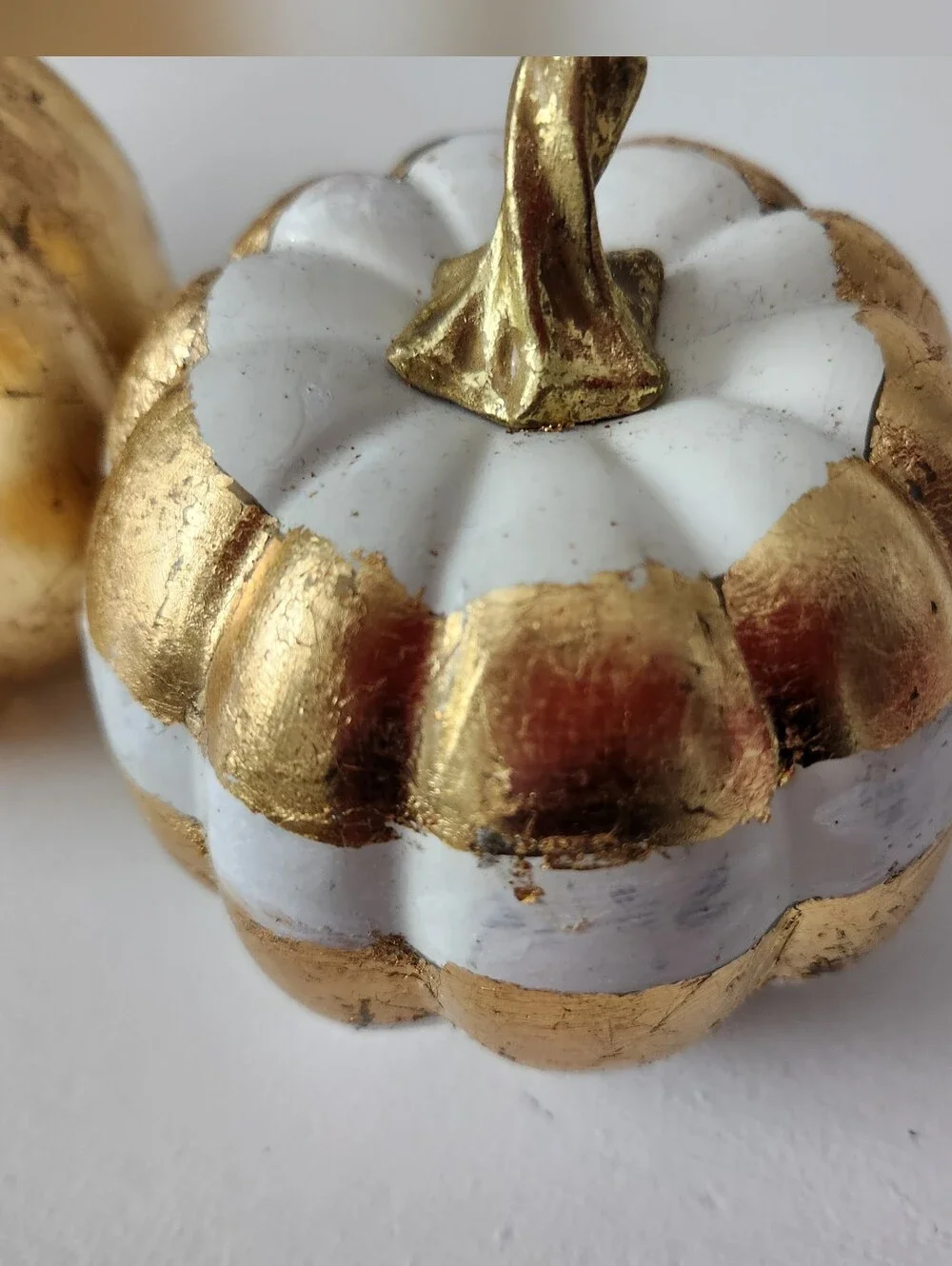 Metallic Gold  Hammerd Tray & White & Gold Pumpkin Trio Hand Painted W/Gold Leaf